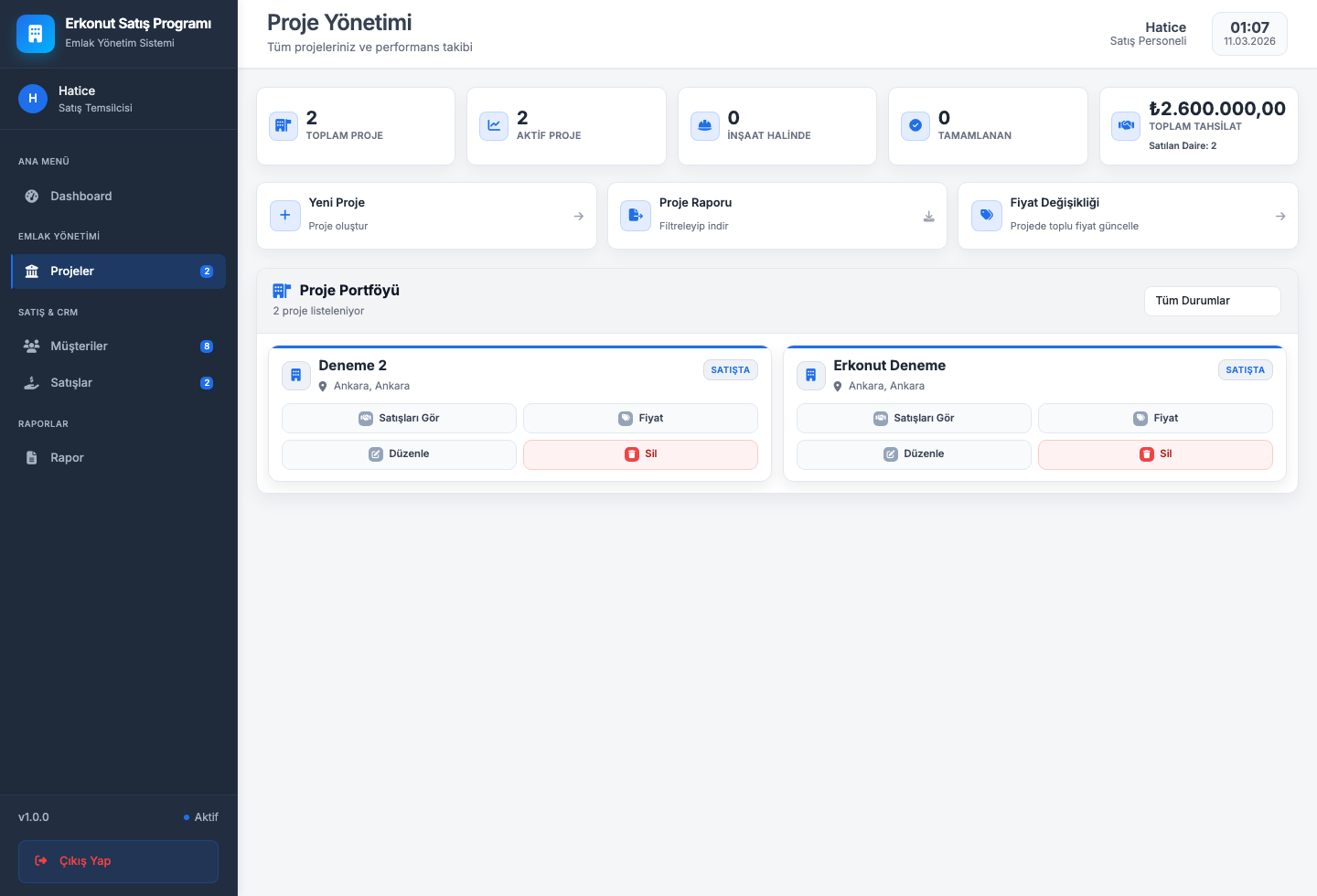 Proje yonetim ekrani