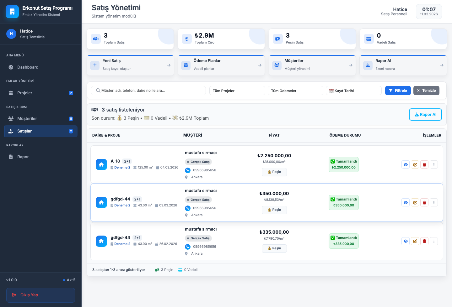 Satis yonetim ekrani